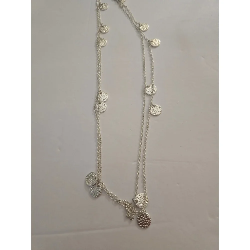 Daisy Fuentes Silver Tone Double Strand Hammered Coin Disc Charm Necklace